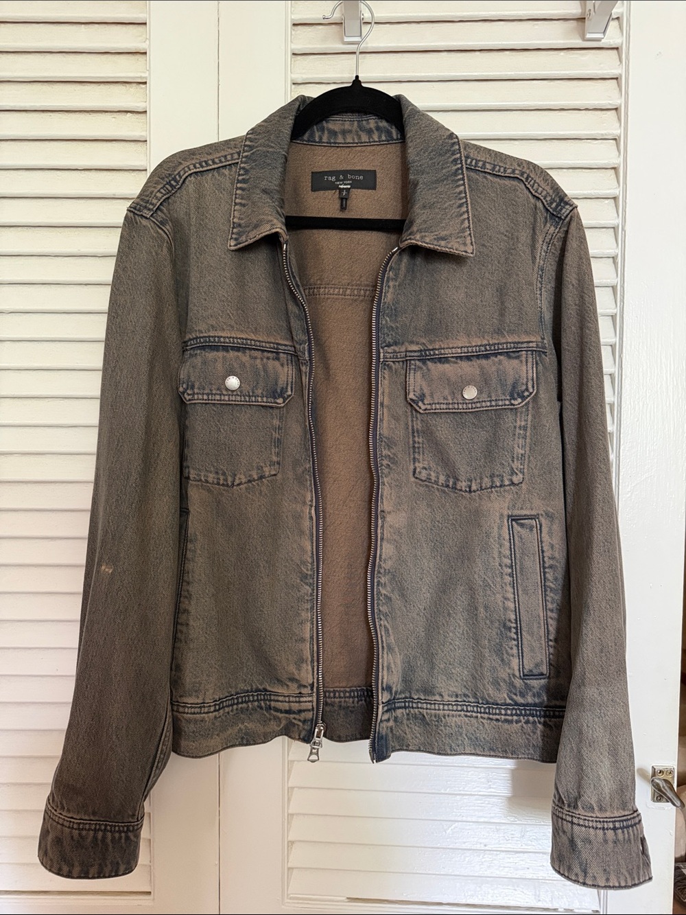rag & bone men's faded brown denim zip jacket